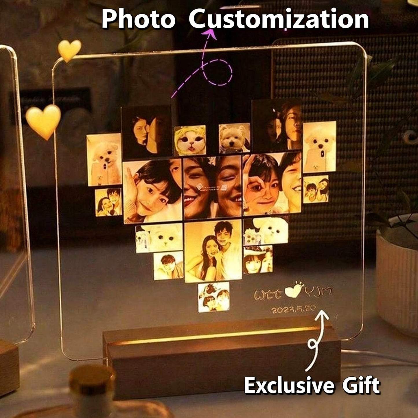 Personalized Couple Photo Acrylic Night Light | Custom LED Lamp with Wooden Base | Anniversary Birthday Gift for Girlfriend Bestie | Bedroom Decor Keepsake