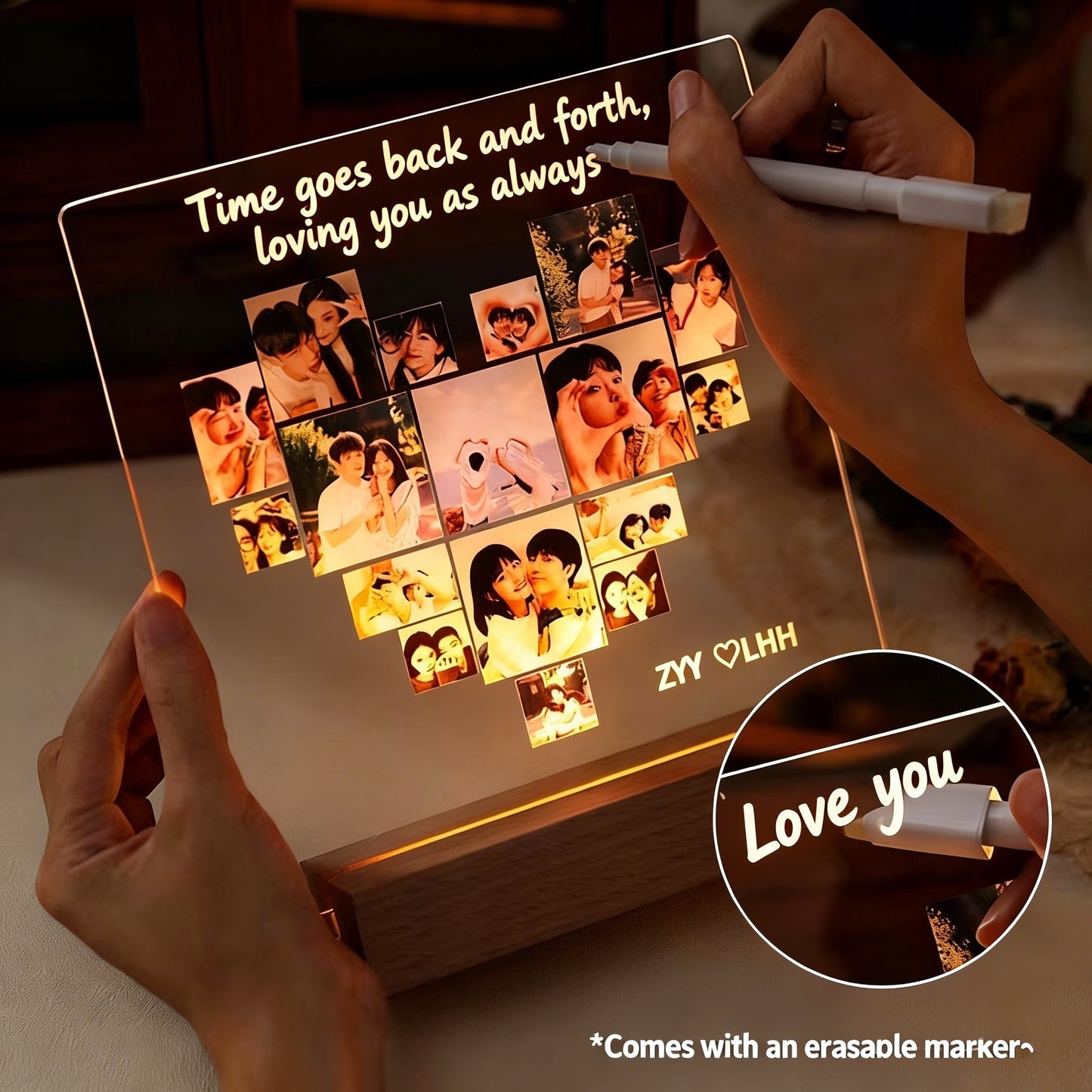Personalized Couple Photo Acrylic Night Light | Custom LED Lamp with Wooden Base | Anniversary Birthday Gift for Girlfriend Bestie | Bedroom Decor Keepsake
