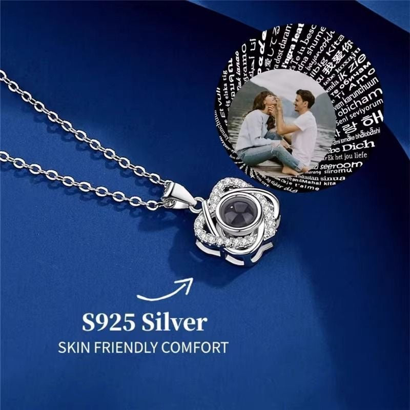 Personalized 100 Languages I Love You Photo Projection Clover Necklace S925 Silver Custom Image Memory Jewelry Gift